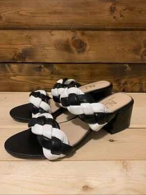 Two-Tone Black & White Braided Block Heel Mules